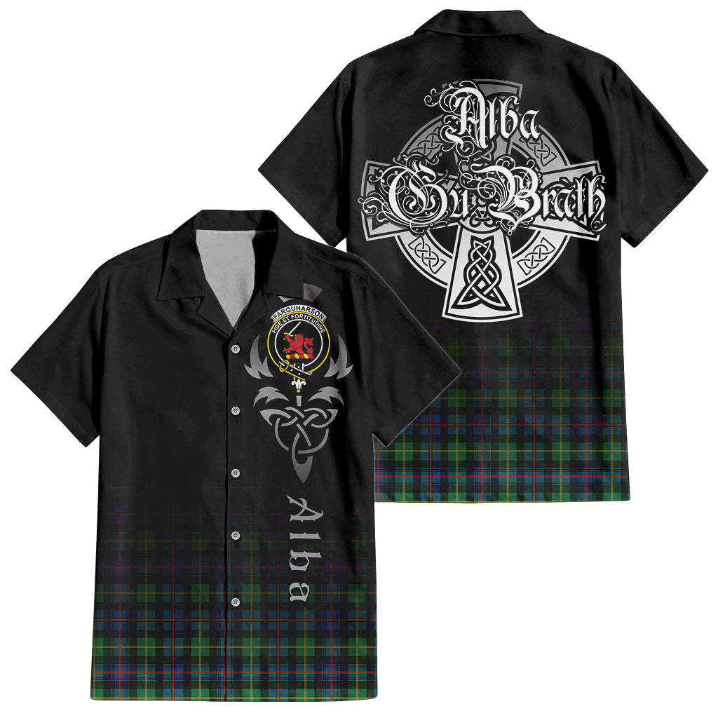 Tartan Vibes Clothing Farquharson Ancient Tartan Short Sleeve Button Up Featuring Alba Gu Brath Family Crest Celtic Inspired