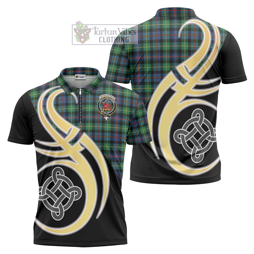 Tartan Vibes Clothing Farquharson Ancient Tartan Zipper Polo Shirt with Family Crest and Celtic Symbol Style