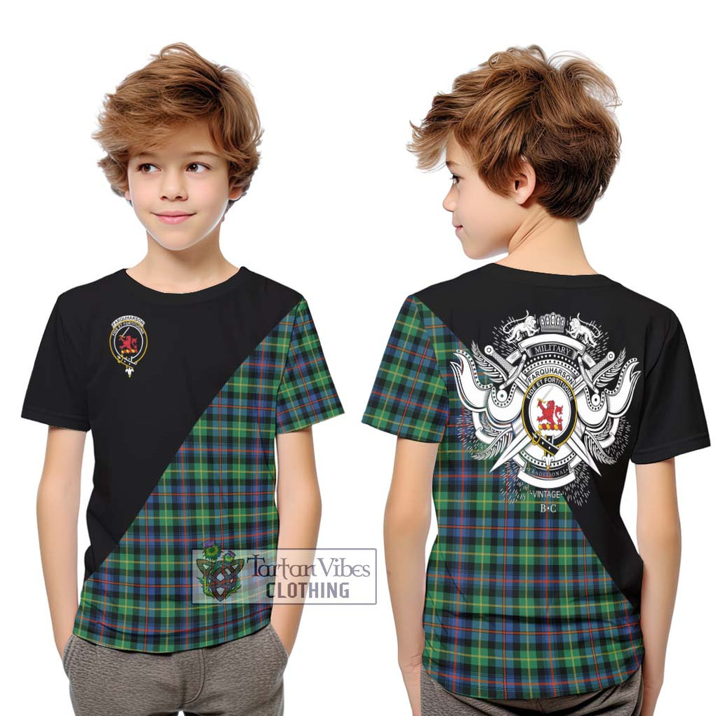 Farquharson Ancient Tartan Kid T-Shirt with Family Crest and Military Logo Style Youth XL Size14 - Tartanvibesclothing Shop