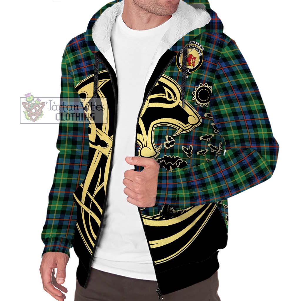 Tartan Vibes Clothing Farquharson Ancient Tartan Sherpa Hoodie with Family Crest Celtic Wolf Style