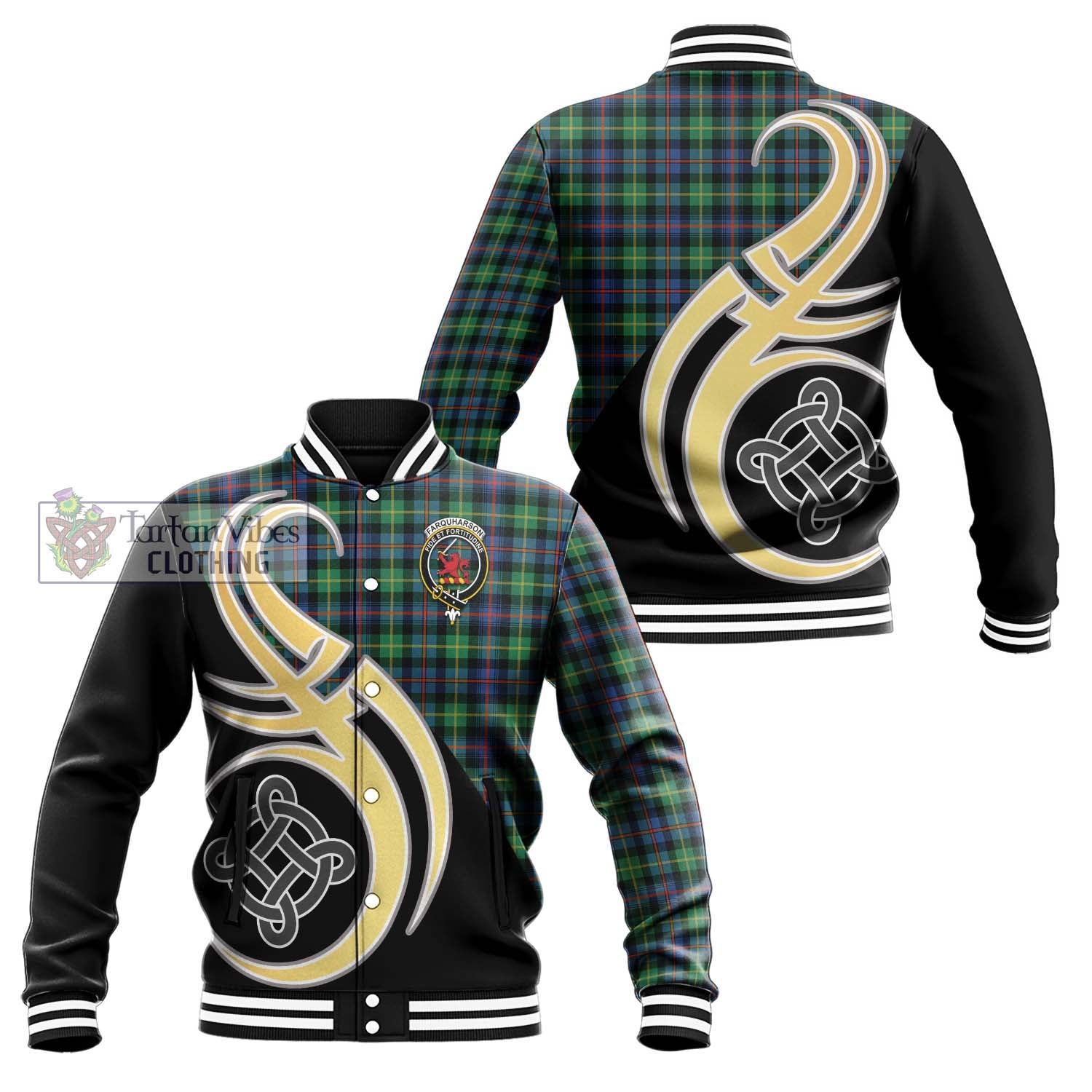 Tartan Vibes Clothing Farquharson Ancient Tartan Baseball Jacket with Family Crest and Celtic Symbol Style
