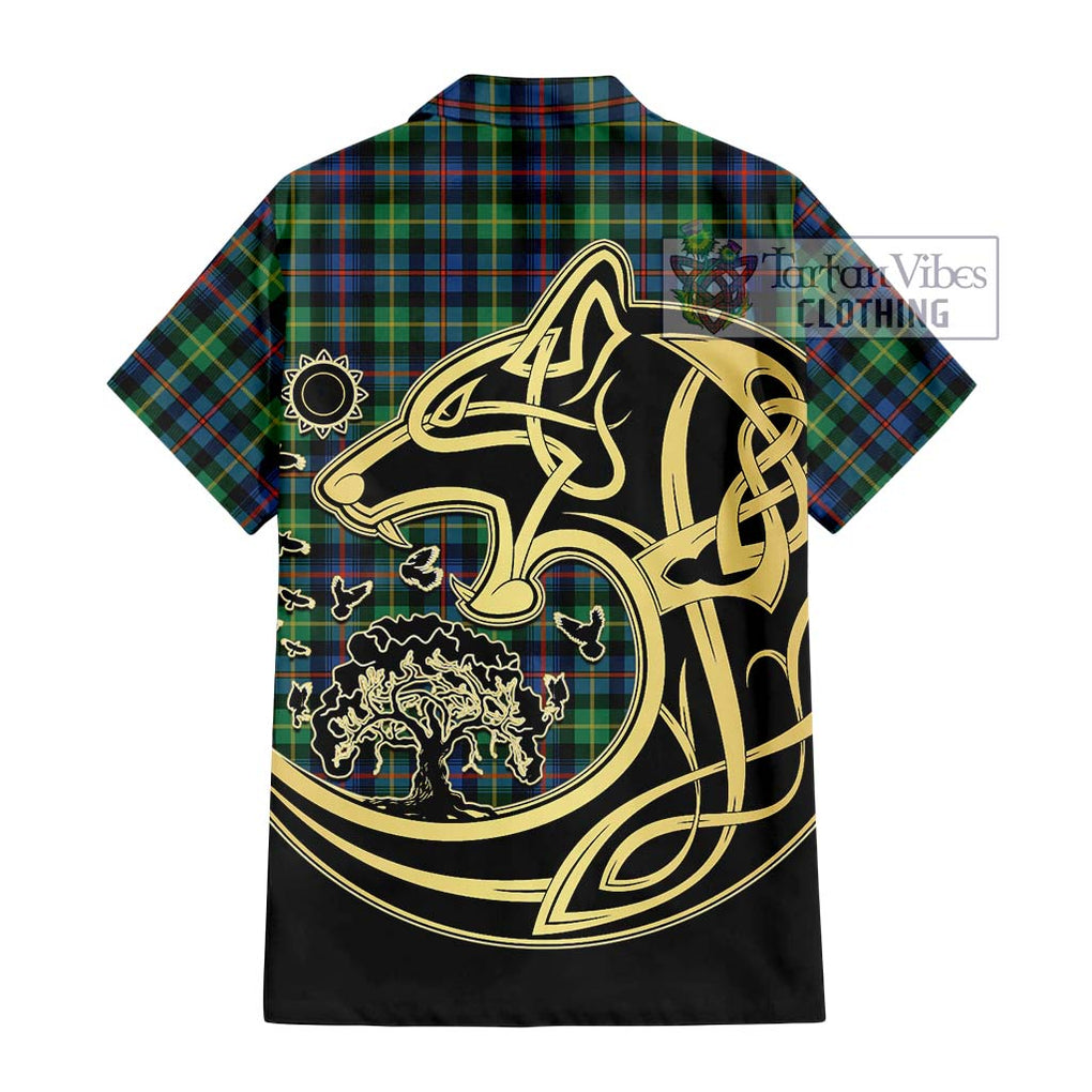 Farquharson Ancient Tartan Short Sleeve Button Shirt with Family Crest Celtic Wolf Style - Tartan Vibes Clothing