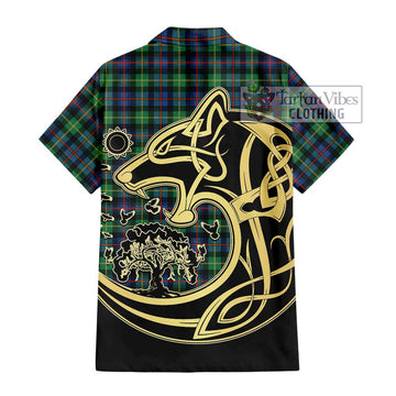 Farquharson Ancient Tartan Short Sleeve Button Shirt with Family Crest Celtic Wolf Style