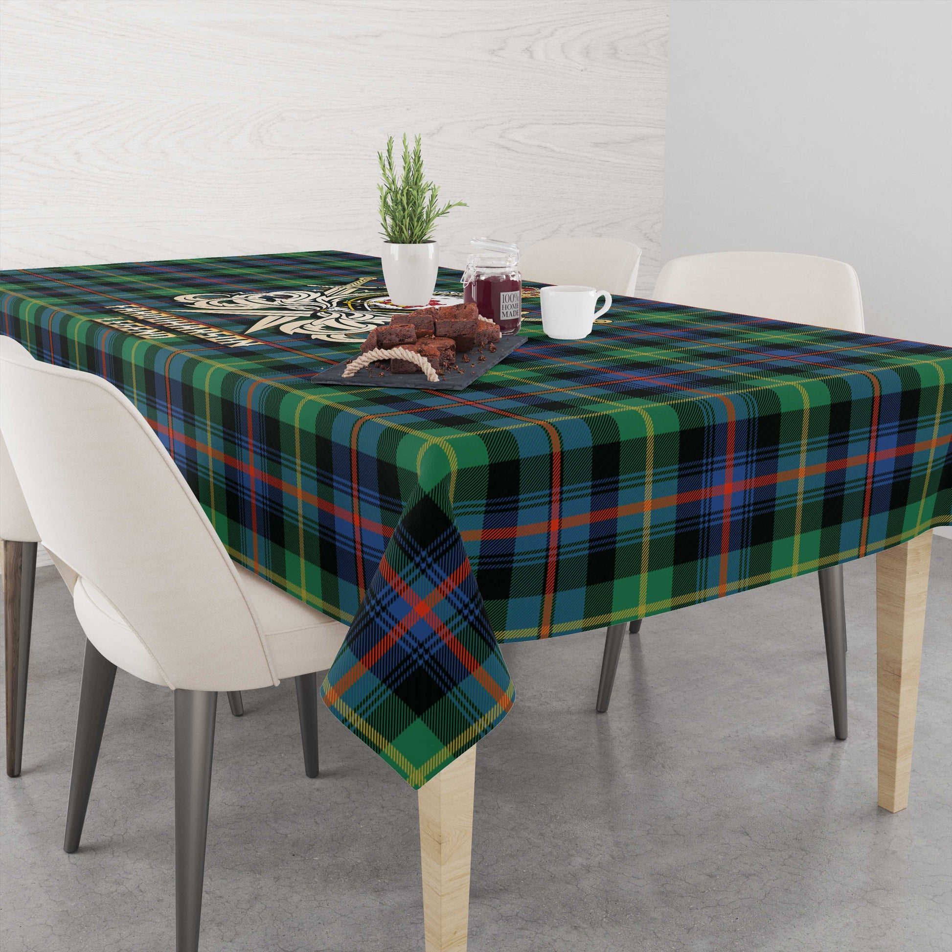 Tartan Vibes Clothing Farquharson Ancient Tartan Tablecloth with Clan Crest and the Golden Sword of Courageous Legacy