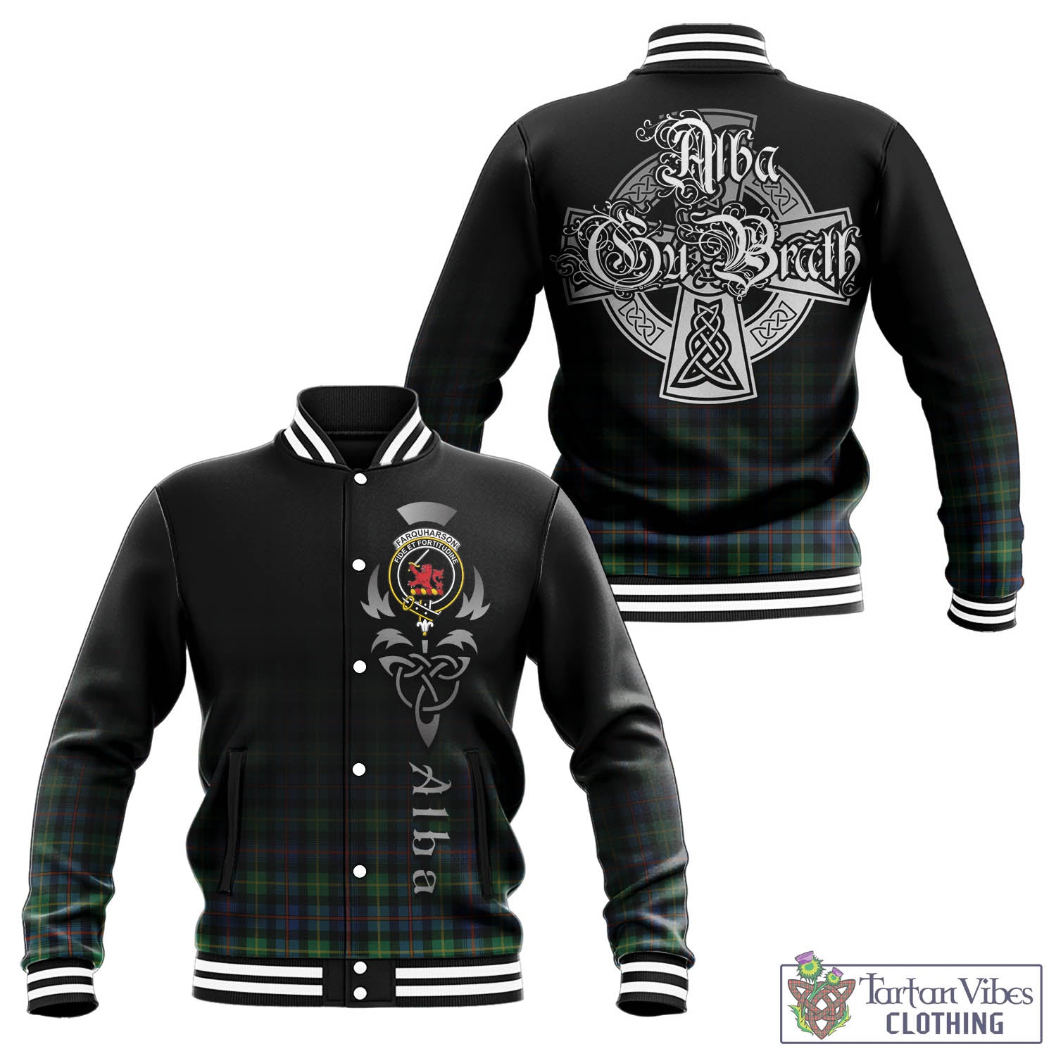 Tartan Vibes Clothing Farquharson Ancient Tartan Baseball Jacket Featuring Alba Gu Brath Family Crest Celtic Inspired