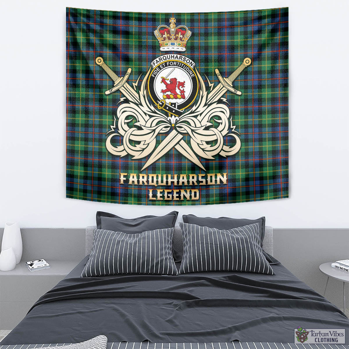 Tartan Vibes Clothing Farquharson Ancient Tartan Tapestry with Clan Crest and the Golden Sword of Courageous Legacy