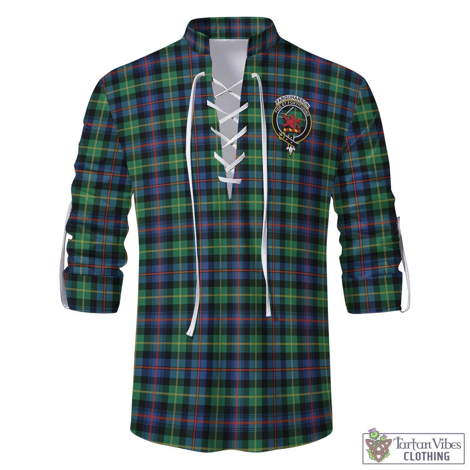 Tartan Vibes Clothing Farquharson Ancient Tartan Men's Scottish Traditional Jacobite Ghillie Kilt Shirt with Family Crest