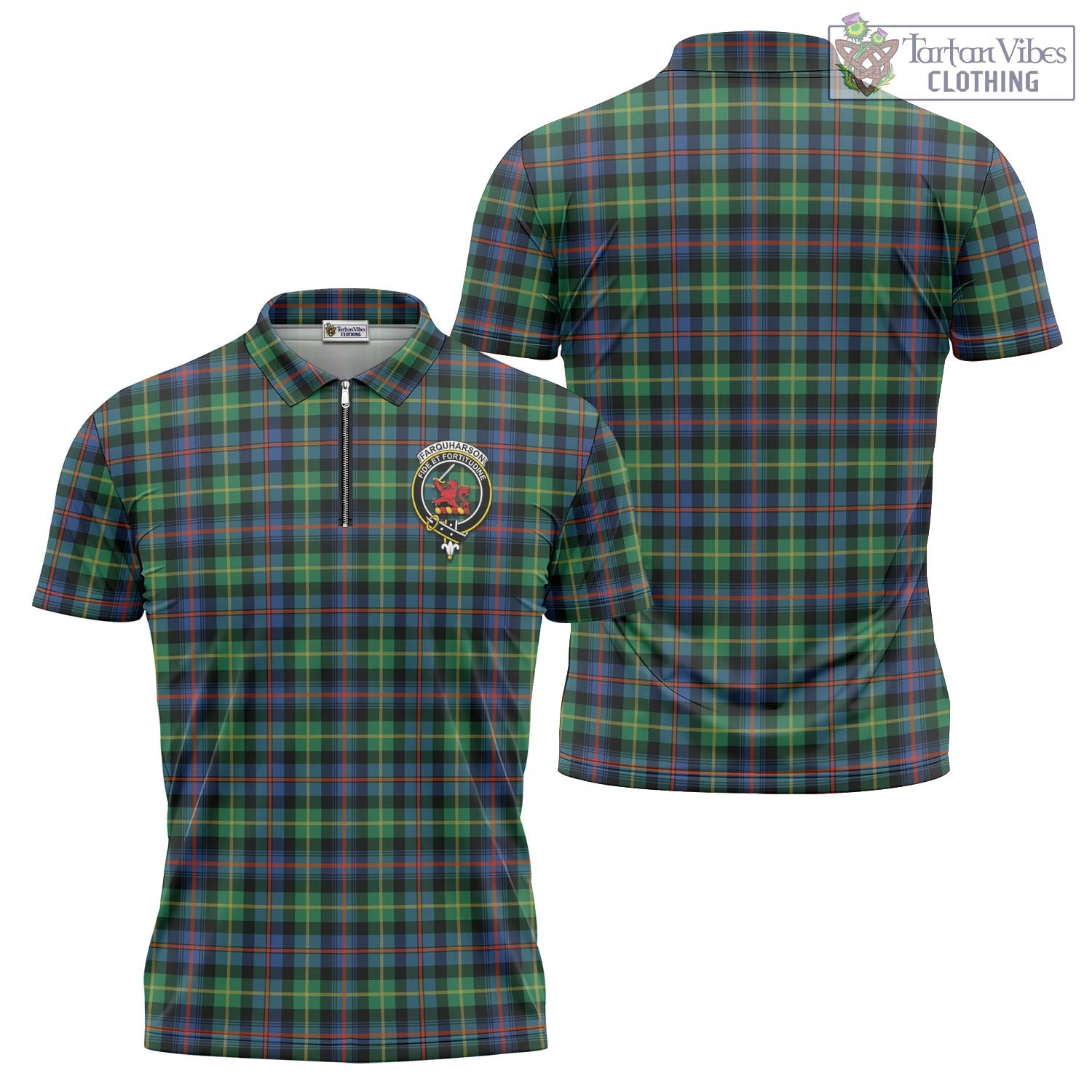 Tartan Vibes Clothing Farquharson Ancient Tartan Zipper Polo Shirt with Family Crest