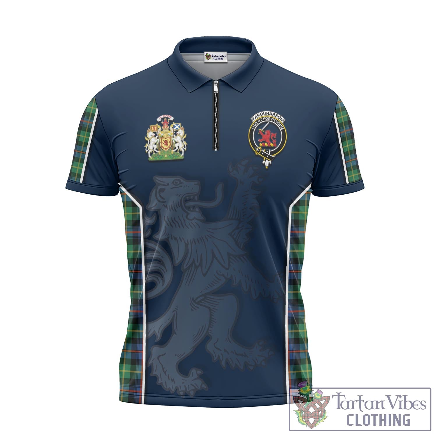 Tartan Vibes Clothing Farquharson Ancient Tartan Zipper Polo Shirt with Family Crest and Lion Rampant Vibes Sport Style