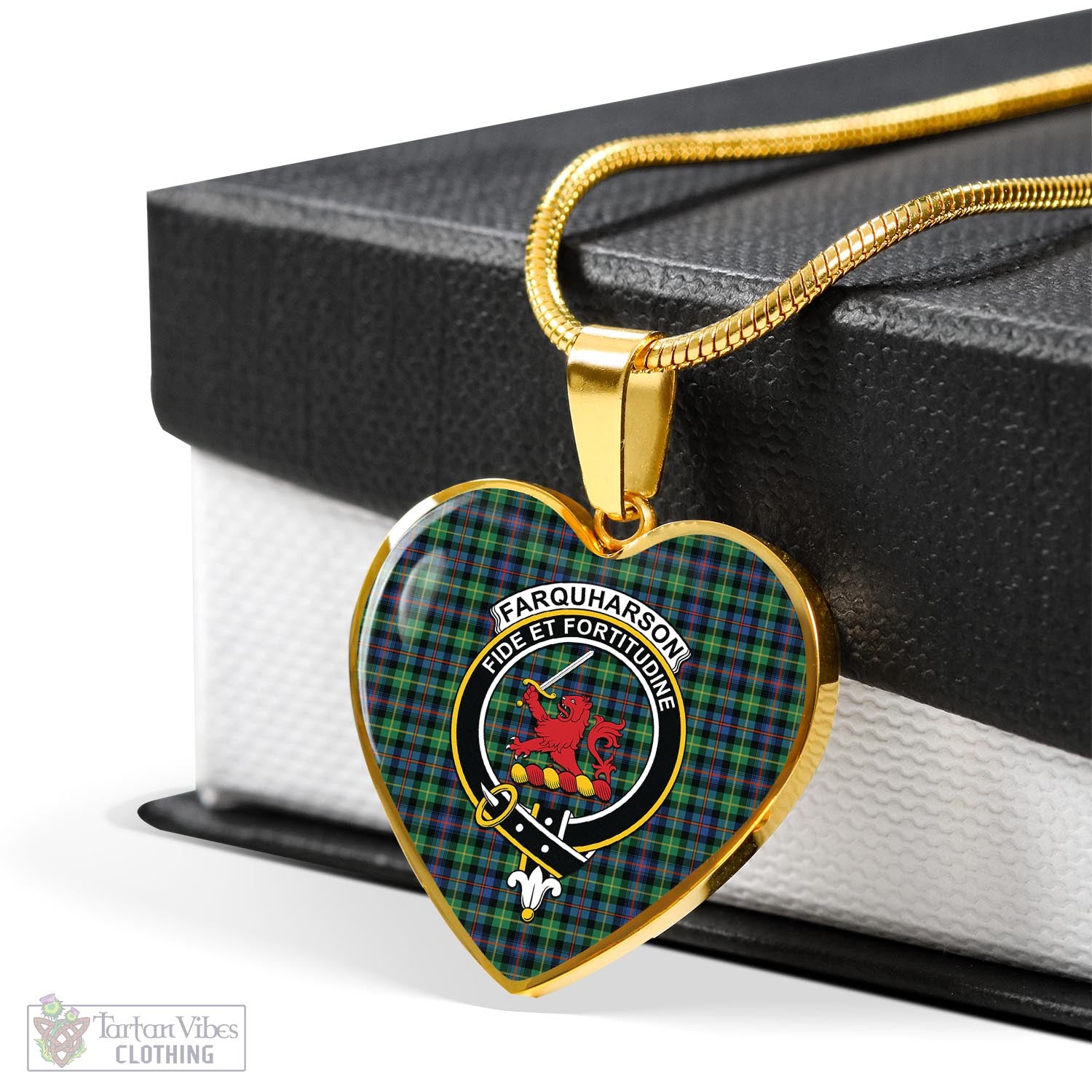 Tartan Vibes Clothing Farquharson Ancient Tartan Heart Necklace with Family Crest