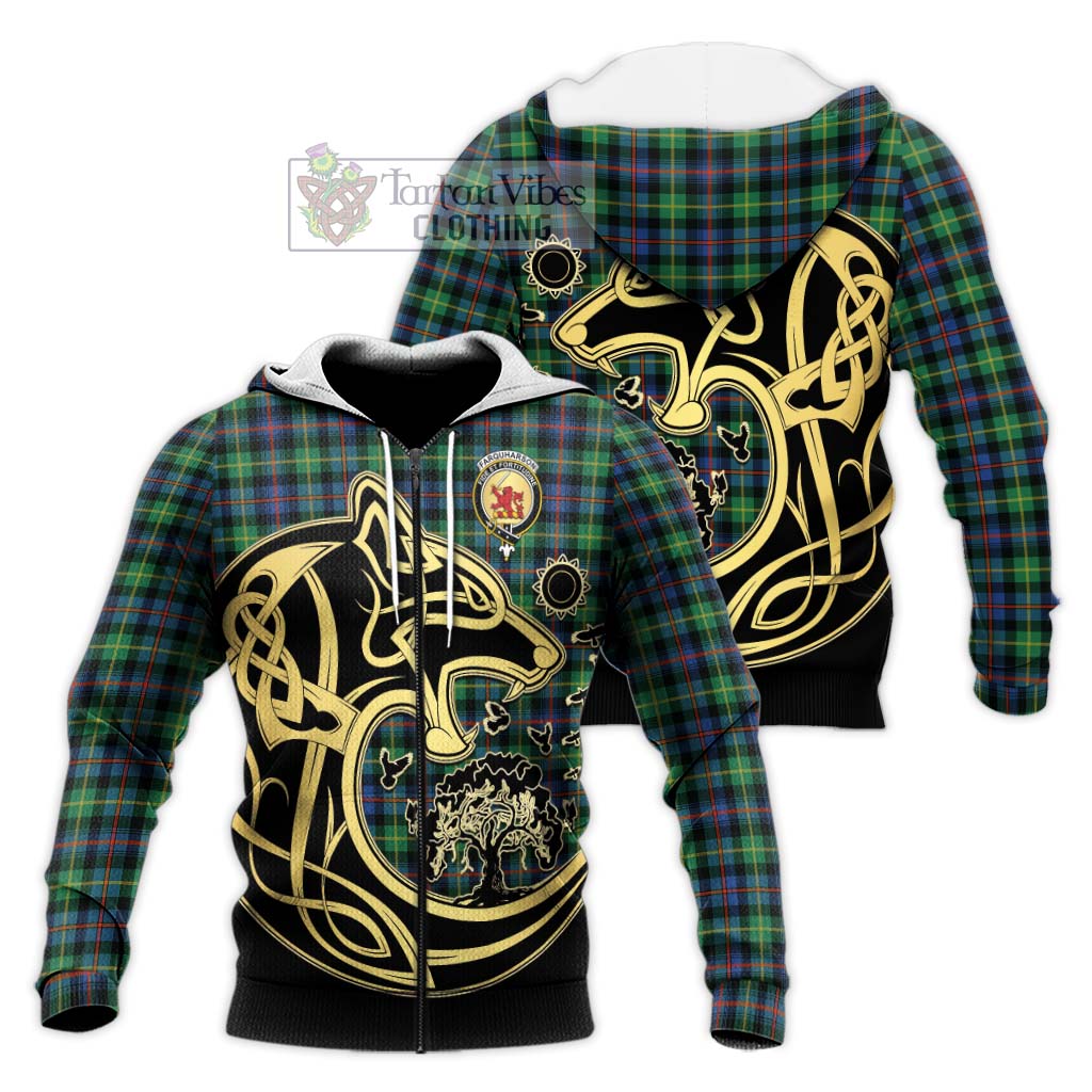 Tartan Vibes Clothing Farquharson Ancient Tartan Knitted Hoodie with Family Crest Celtic Wolf Style
