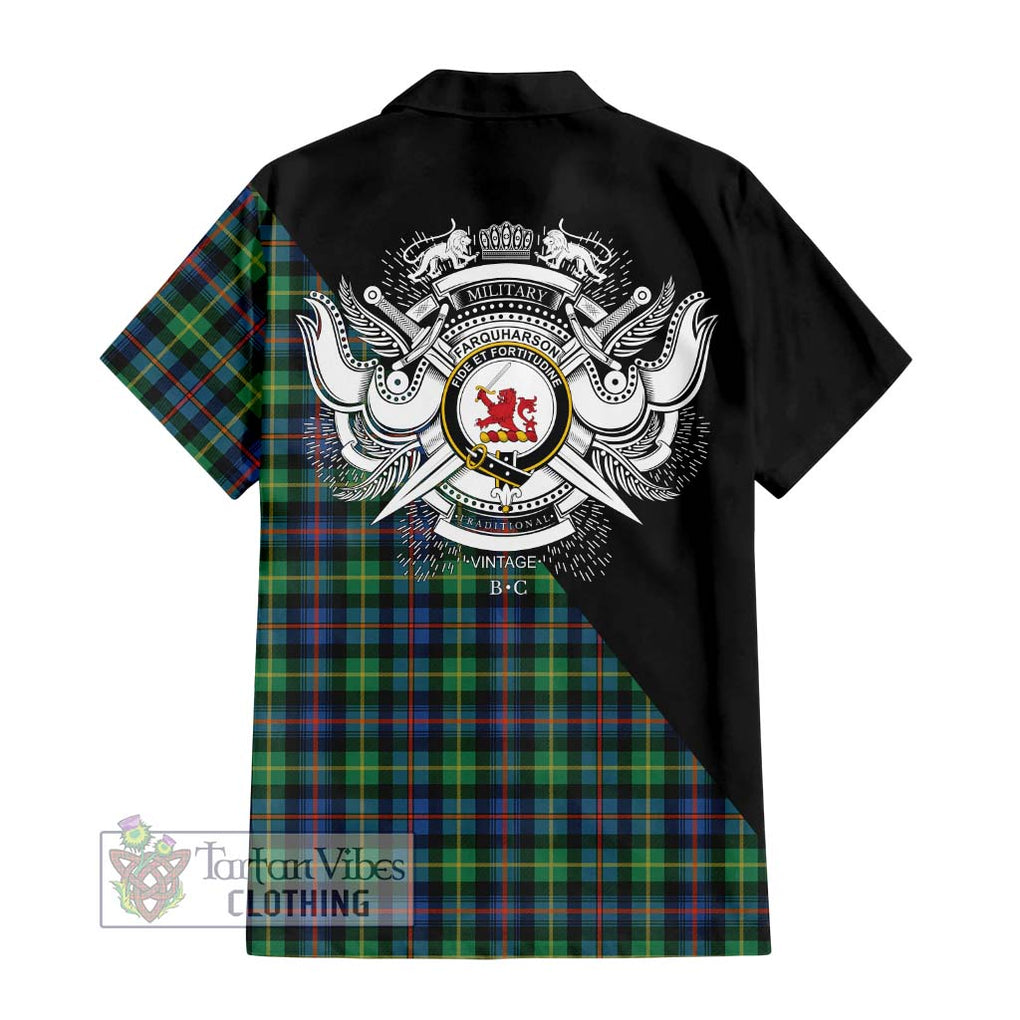 Farquharson Ancient Tartan Short Sleeve Button Shirt with Family Crest and Military Logo Style - Tartanvibesclothing Shop