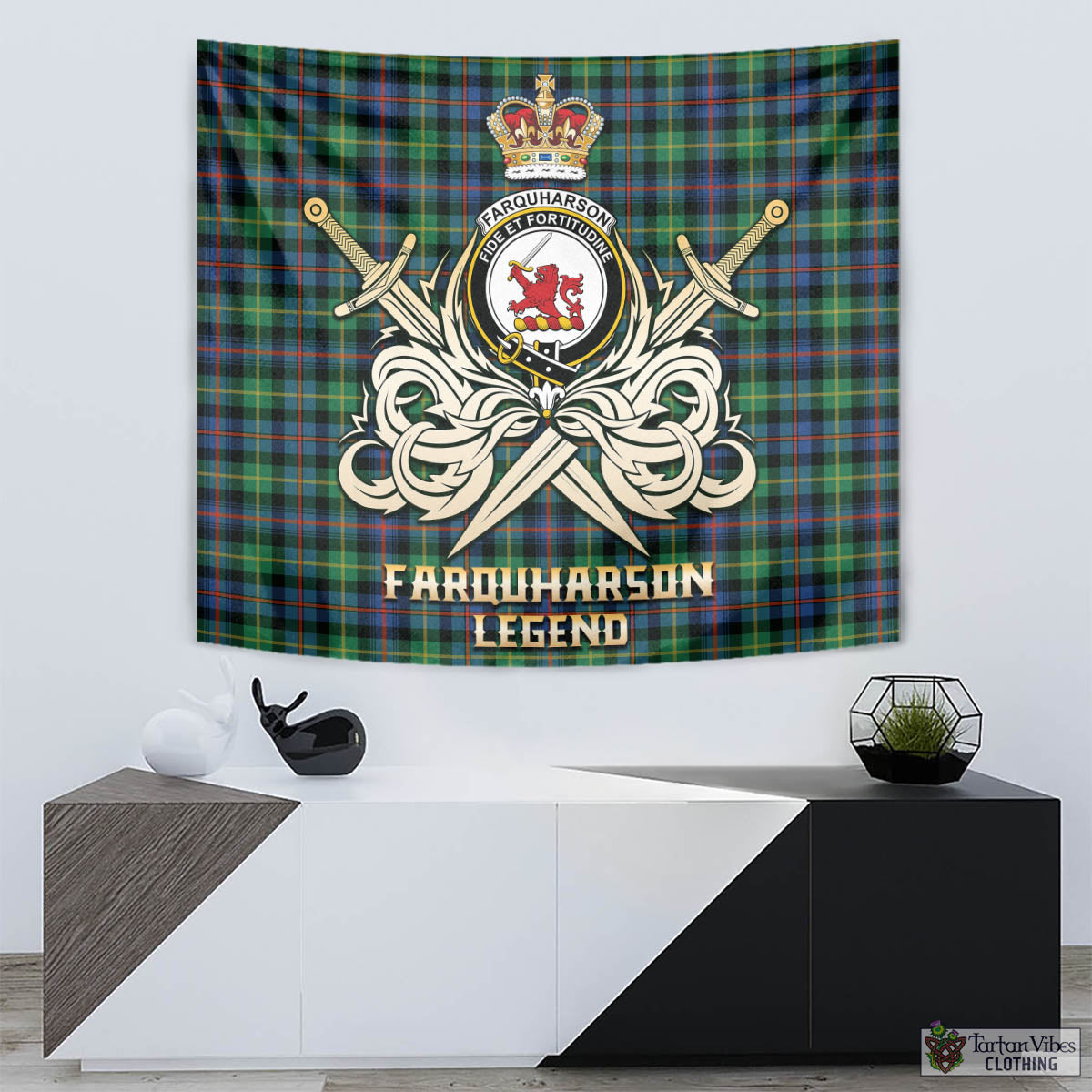 Tartan Vibes Clothing Farquharson Ancient Tartan Tapestry with Clan Crest and the Golden Sword of Courageous Legacy