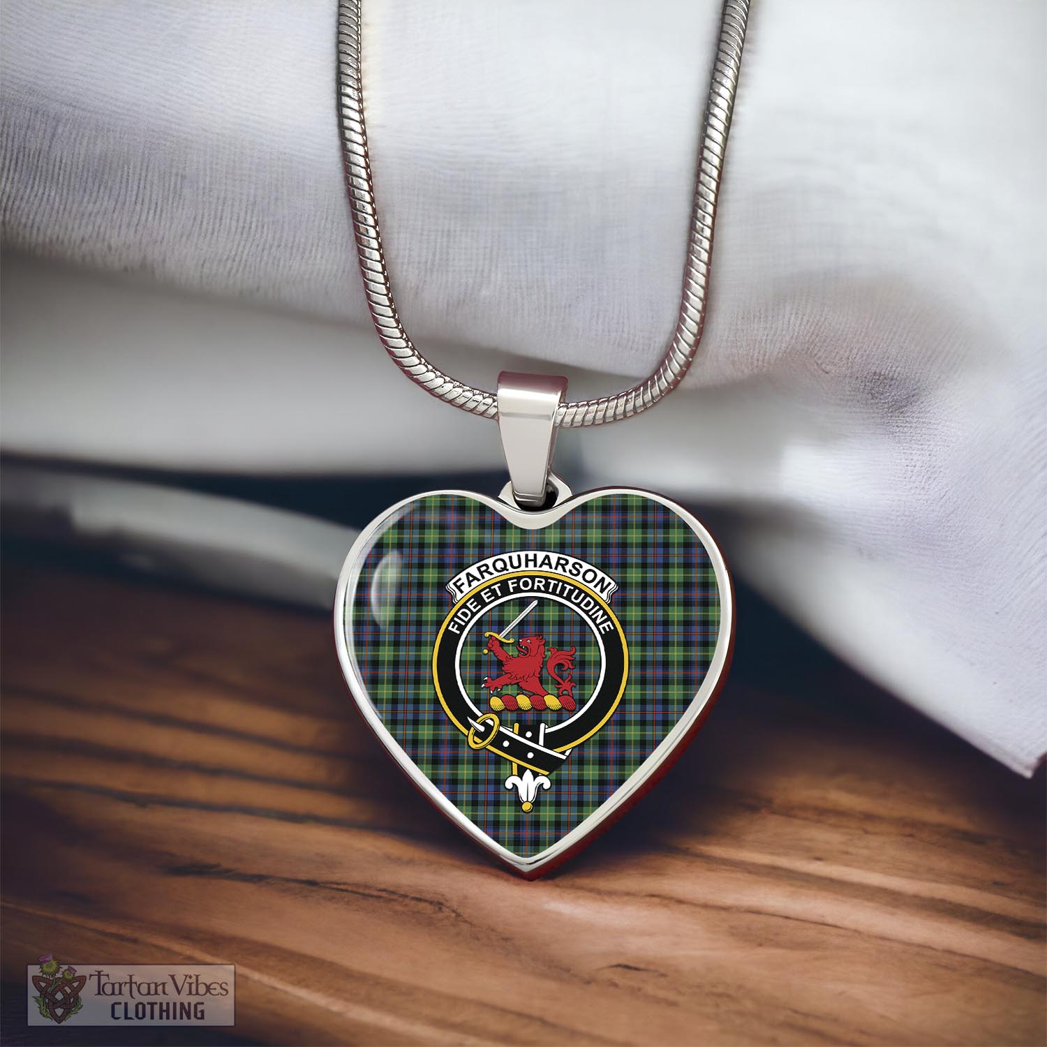 Tartan Vibes Clothing Farquharson Ancient Tartan Heart Necklace with Family Crest