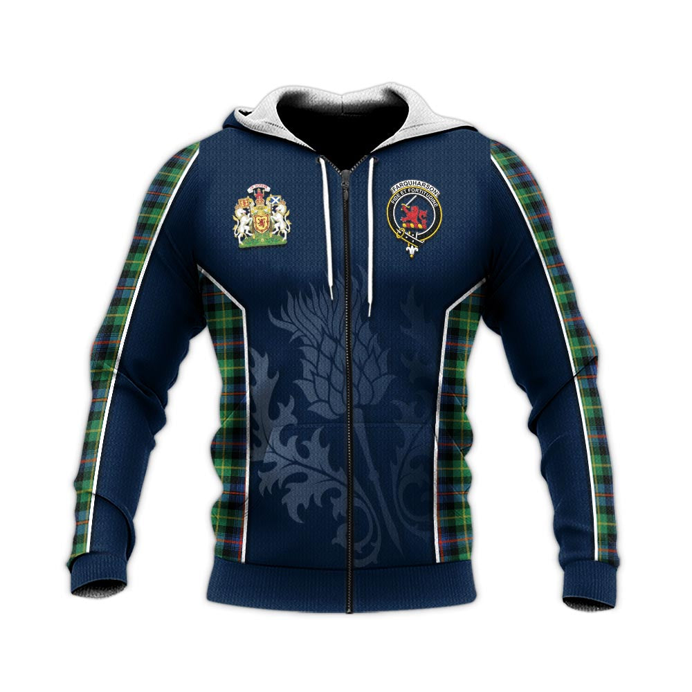 Tartan Vibes Clothing Farquharson Ancient Tartan Knitted Hoodie with Family Crest and Scottish Thistle Vibes Sport Style