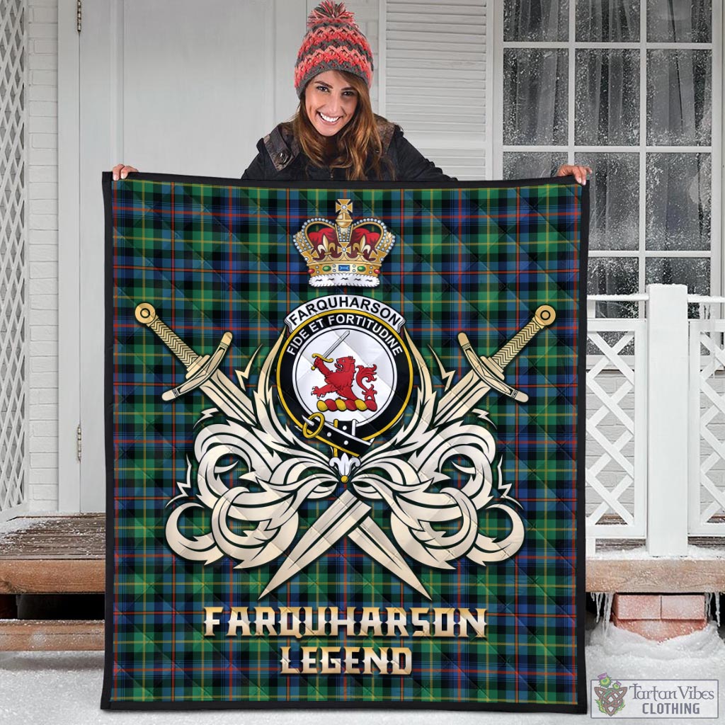 Tartan Vibes Clothing Farquharson Ancient Tartan Quilt with Clan Crest and the Golden Sword of Courageous Legacy