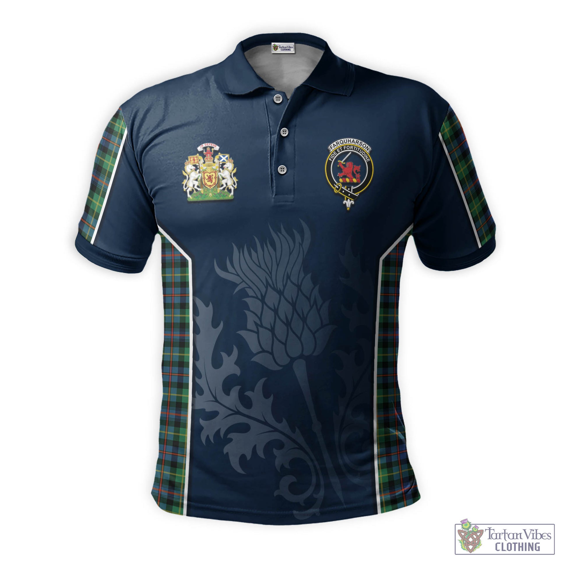 Tartan Vibes Clothing Farquharson Ancient Tartan Men's Polo Shirt with Family Crest and Scottish Thistle Vibes Sport Style