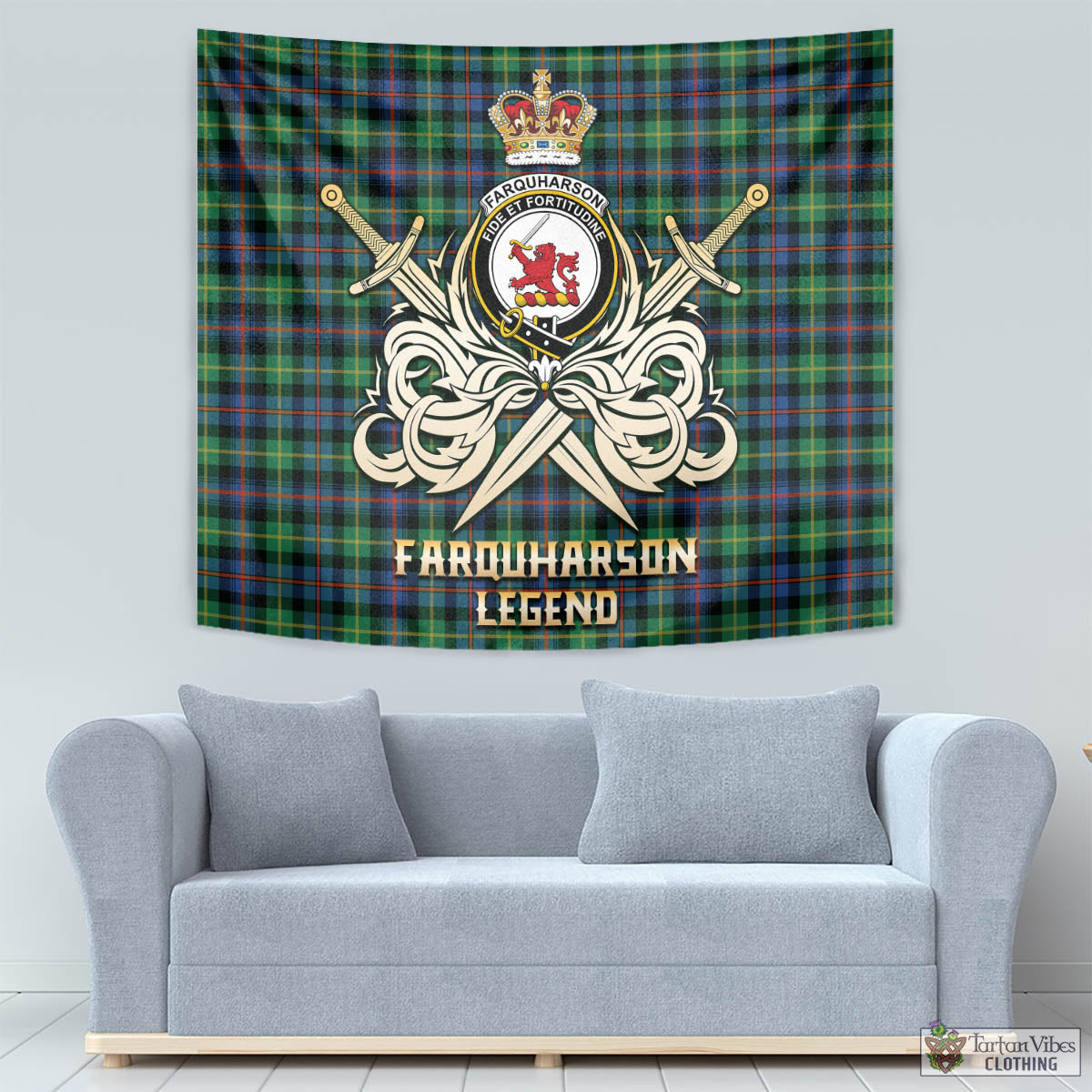 Tartan Vibes Clothing Farquharson Ancient Tartan Tapestry with Clan Crest and the Golden Sword of Courageous Legacy