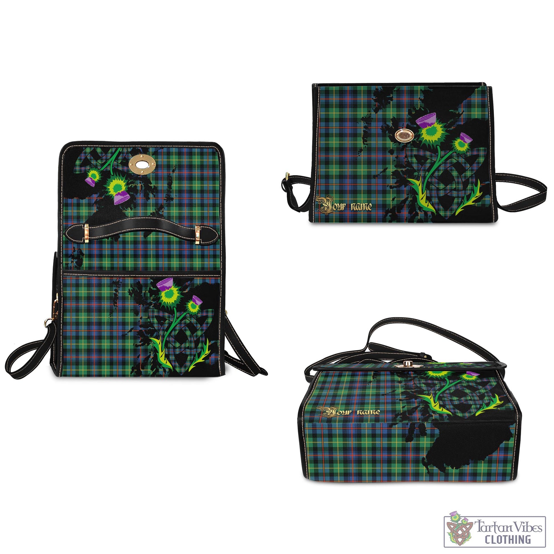 Tartan Vibes Clothing Farquharson Ancient Tartan Waterproof Canvas Bag with Scotland Map and Thistle Celtic Accents