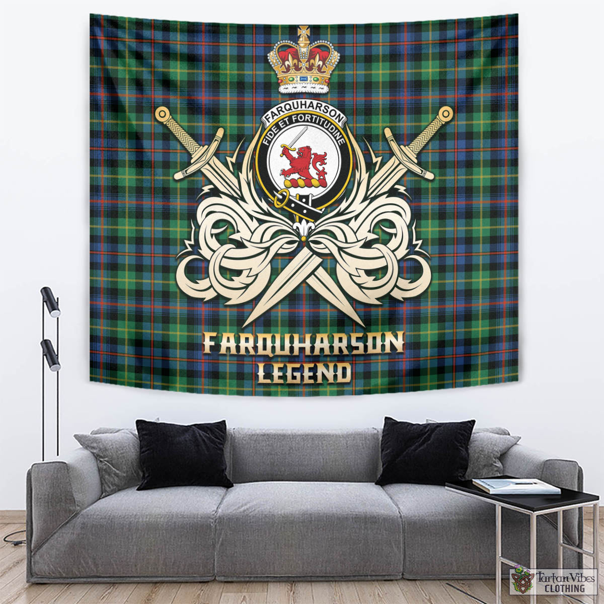 Tartan Vibes Clothing Farquharson Ancient Tartan Tapestry with Clan Crest and the Golden Sword of Courageous Legacy