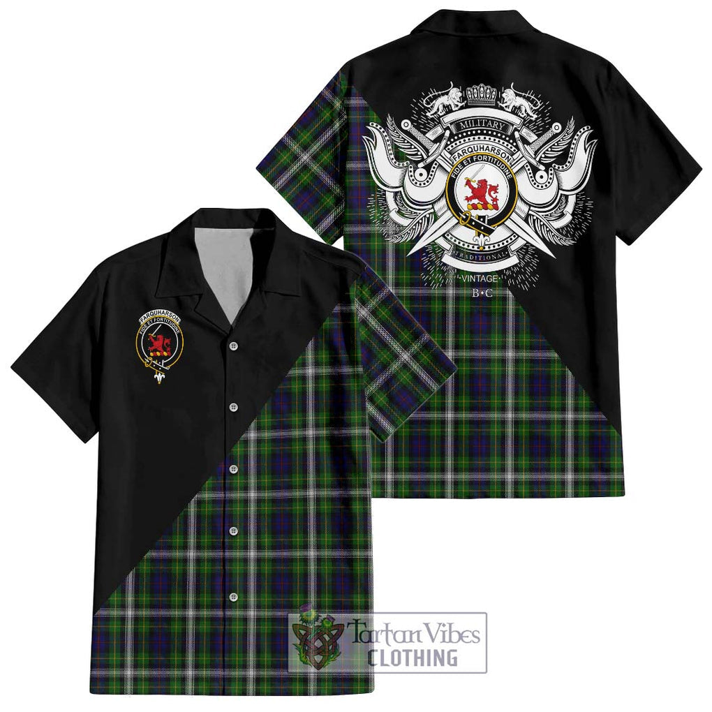 Farquharson Dress Tartan Short Sleeve Button Shirt with Family Crest and Military Logo Style Kid - Tartanvibesclothing Shop