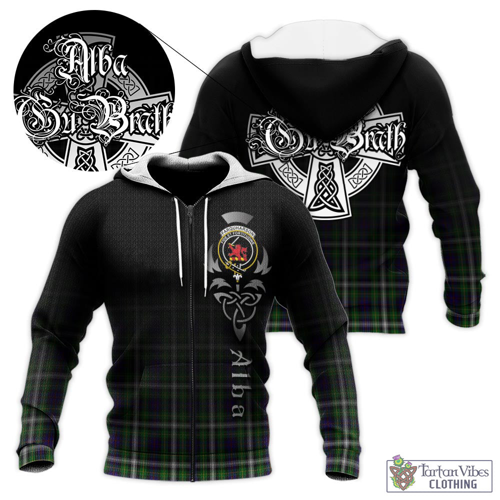 Tartan Vibes Clothing Farquharson Dress Tartan Knitted Hoodie Featuring Alba Gu Brath Family Crest Celtic Inspired