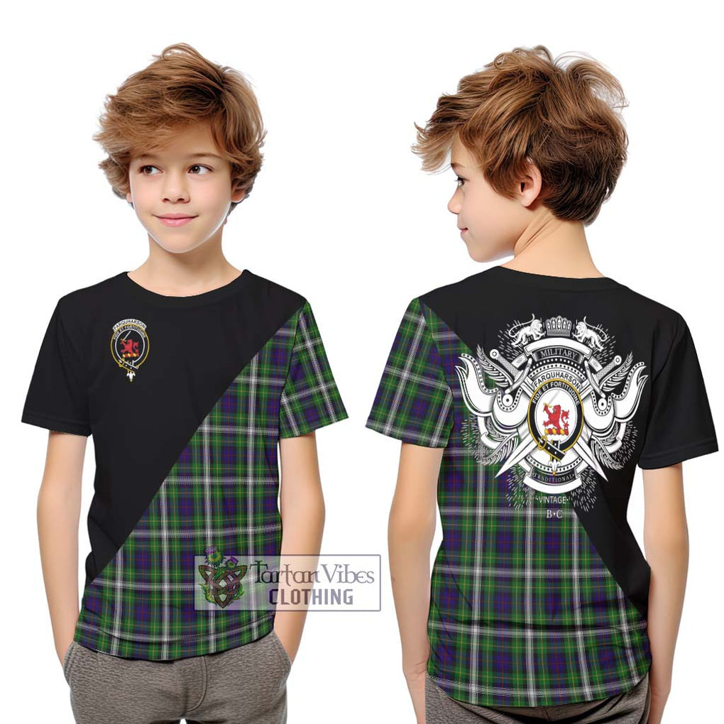 Farquharson Dress Tartan Kid T-Shirt with Family Crest and Military Logo Style Youth XL Size14 - Tartanvibesclothing Shop