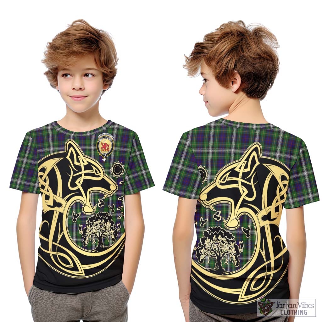 Tartan Vibes Clothing Farquharson Dress Tartan Kid T-Shirt with Family Crest Celtic Wolf Style