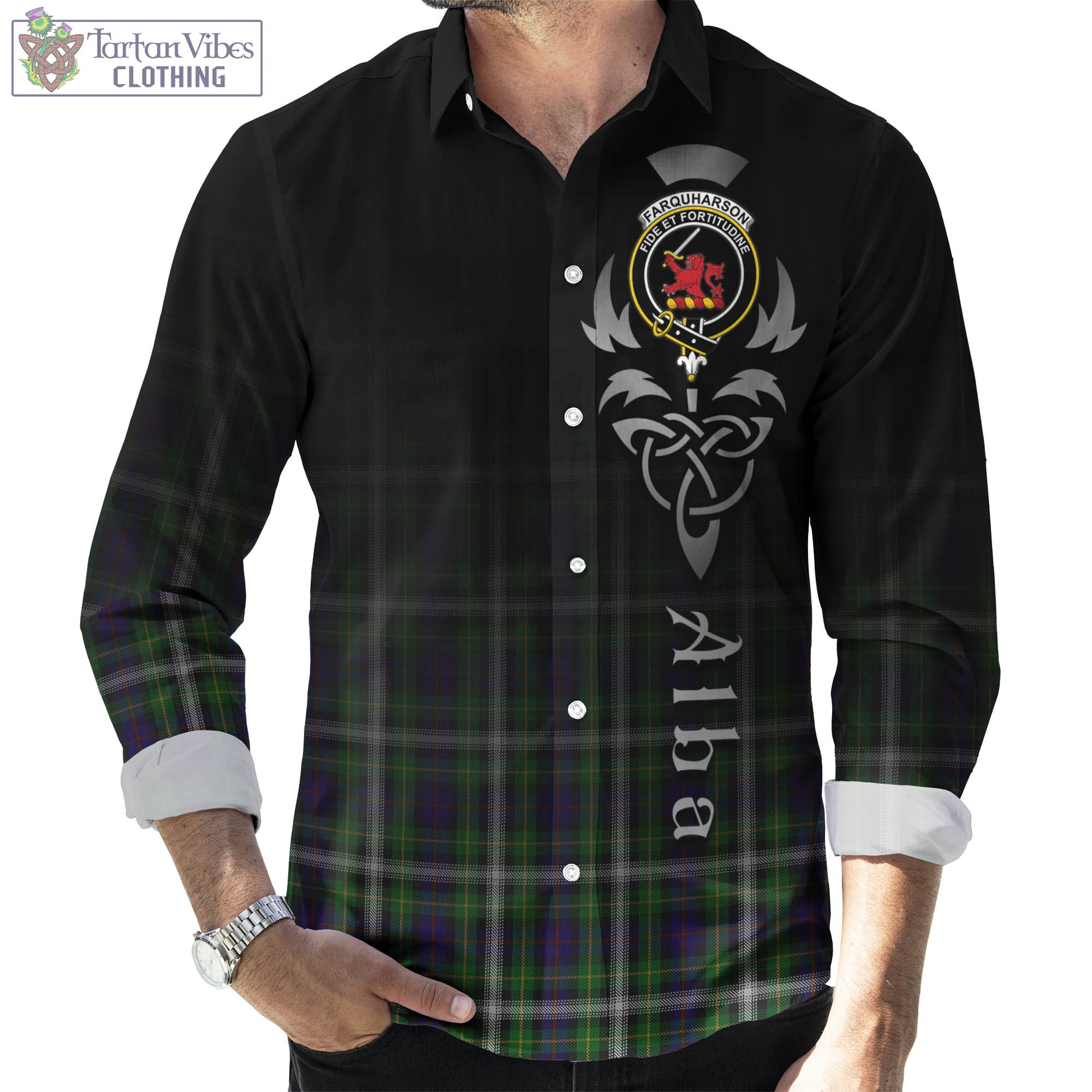 Tartan Vibes Clothing Farquharson Dress Tartan Long Sleeve Button Up Featuring Alba Gu Brath Family Crest Celtic Inspired