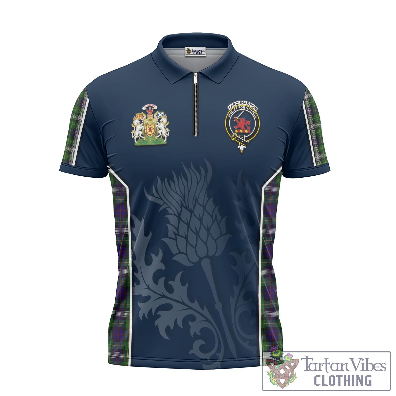 Tartan Vibes Clothing Farquharson Dress Tartan Zipper Polo Shirt with Family Crest and Scottish Thistle Vibes Sport Style