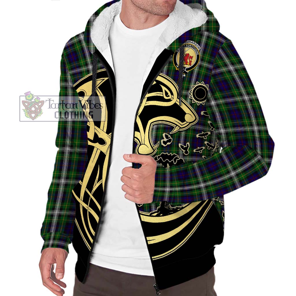 Tartan Vibes Clothing Farquharson Dress Tartan Sherpa Hoodie with Family Crest Celtic Wolf Style