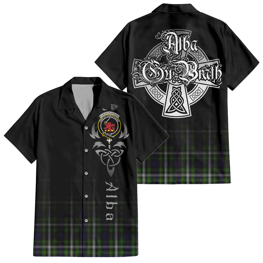 Tartan Vibes Clothing Farquharson Dress Tartan Short Sleeve Button Up Featuring Alba Gu Brath Family Crest Celtic Inspired