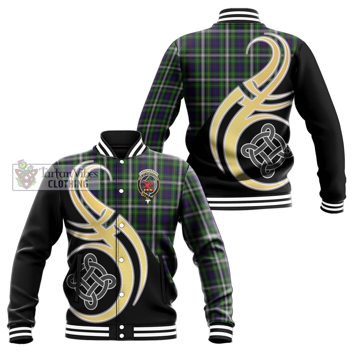Tartan Vibes Clothing Farquharson Dress Tartan Baseball Jacket with Family Crest and Celtic Symbol Style