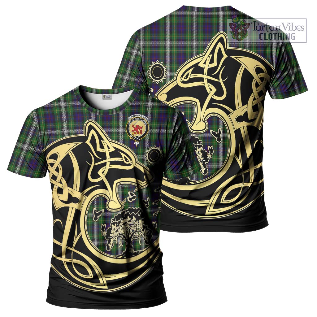 Tartan Vibes Clothing Farquharson Dress Tartan T-Shirt with Family Crest Celtic Wolf Style