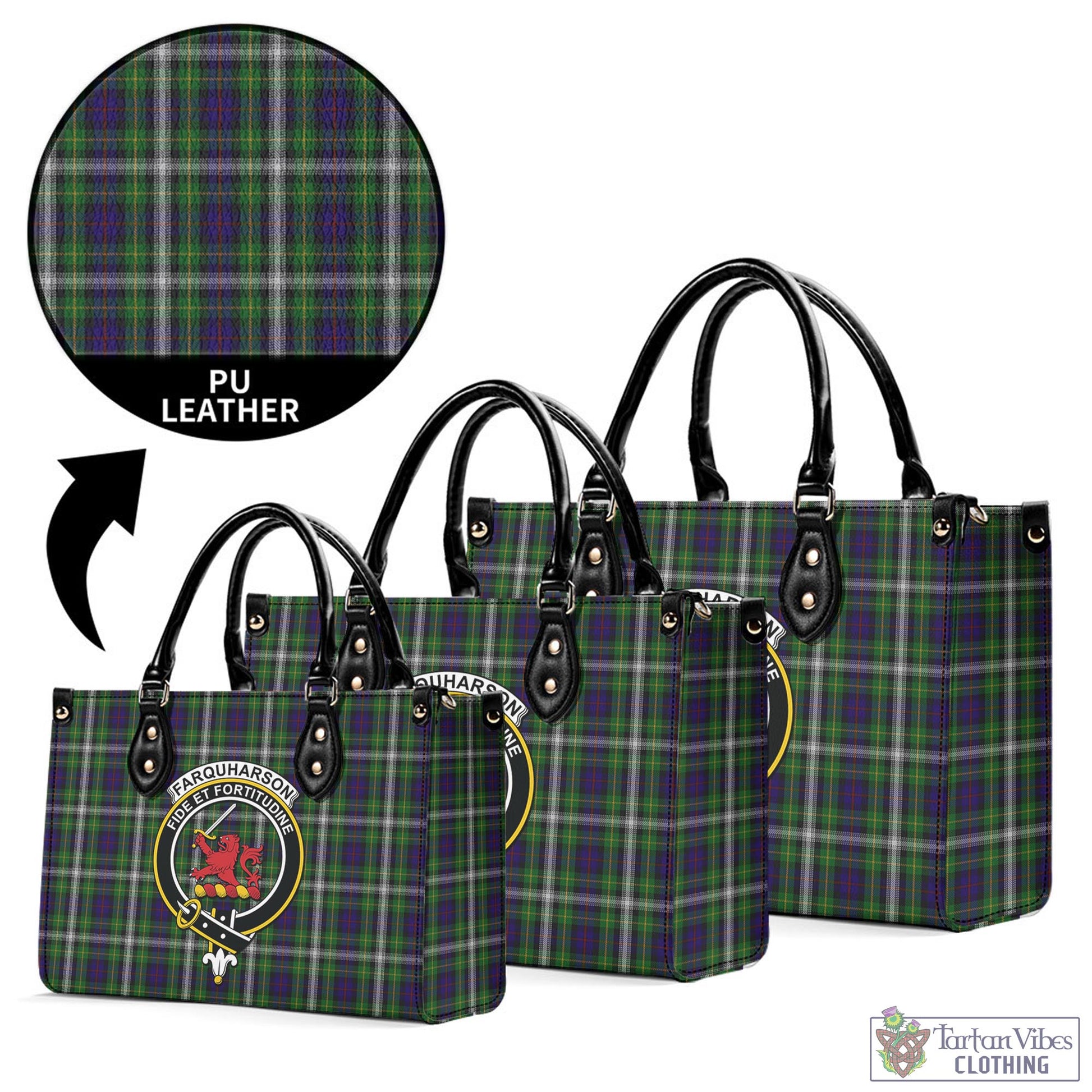 Tartan Vibes Clothing Farquharson Dress Tartan Luxury Leather Handbags with Family Crest