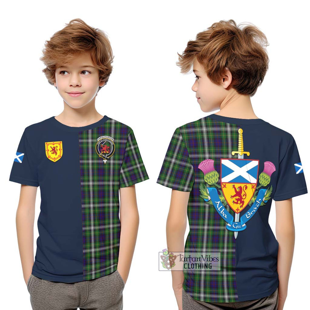 Tartan Vibes Clothing Farquharson Dress Tartan Kid T-Shirt with Scottish Lion Royal Arm Half Style