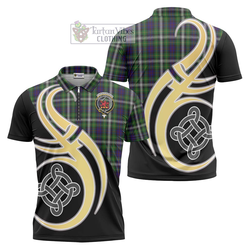 Tartan Vibes Clothing Farquharson Dress Tartan Zipper Polo Shirt with Family Crest and Celtic Symbol Style