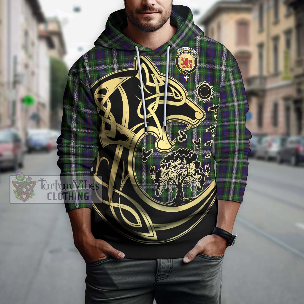 Tartan Vibes Clothing Farquharson Dress Tartan Hoodie with Family Crest Celtic Wolf Style