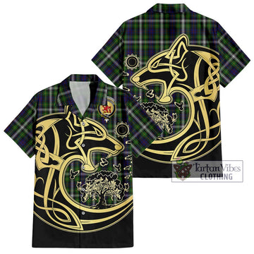 Farquharson Dress Tartan Short Sleeve Button Shirt with Family Crest Celtic Wolf Style