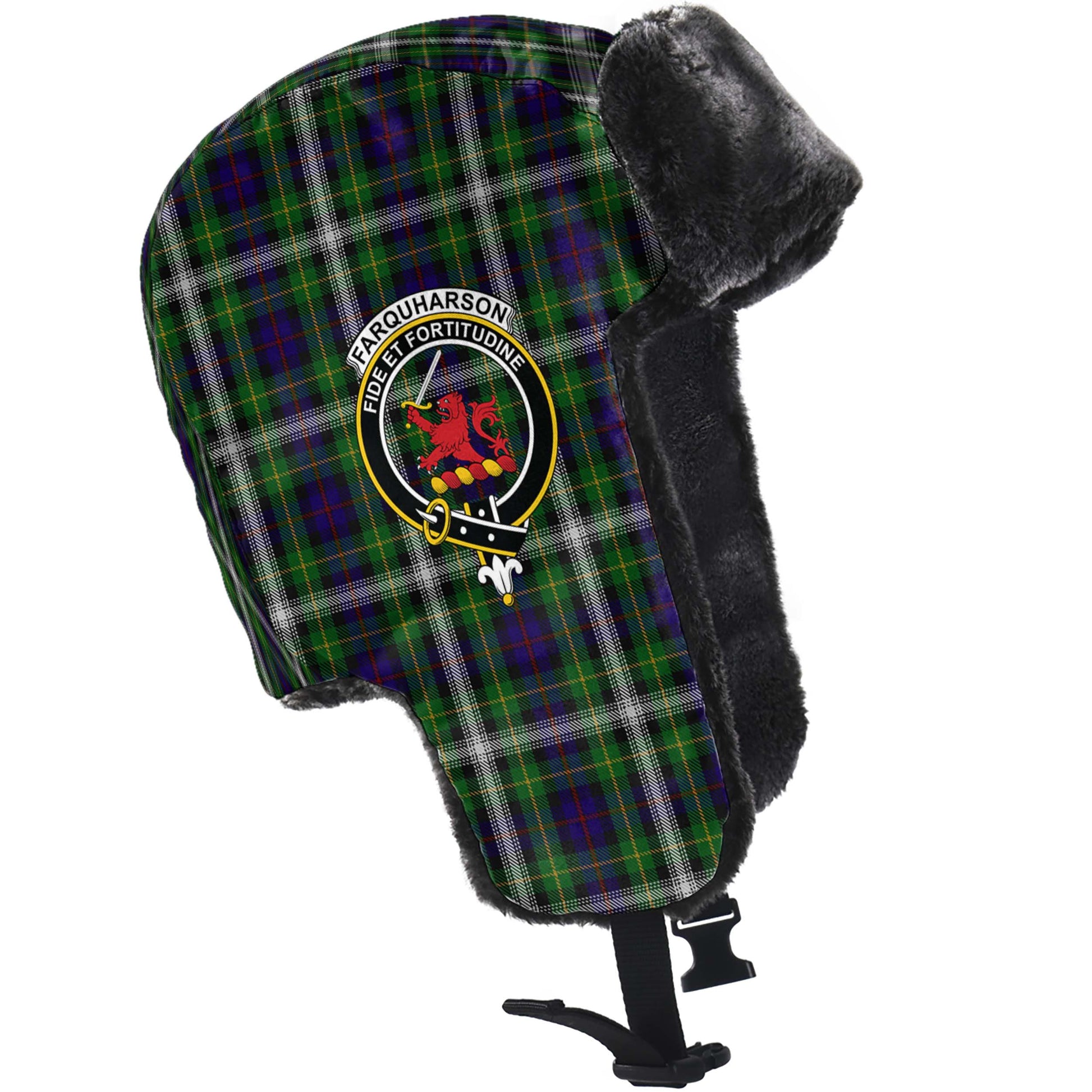 Farquharson Dress Tartan Winter Trapper Hat with Family Crest - Tartanvibesclothing