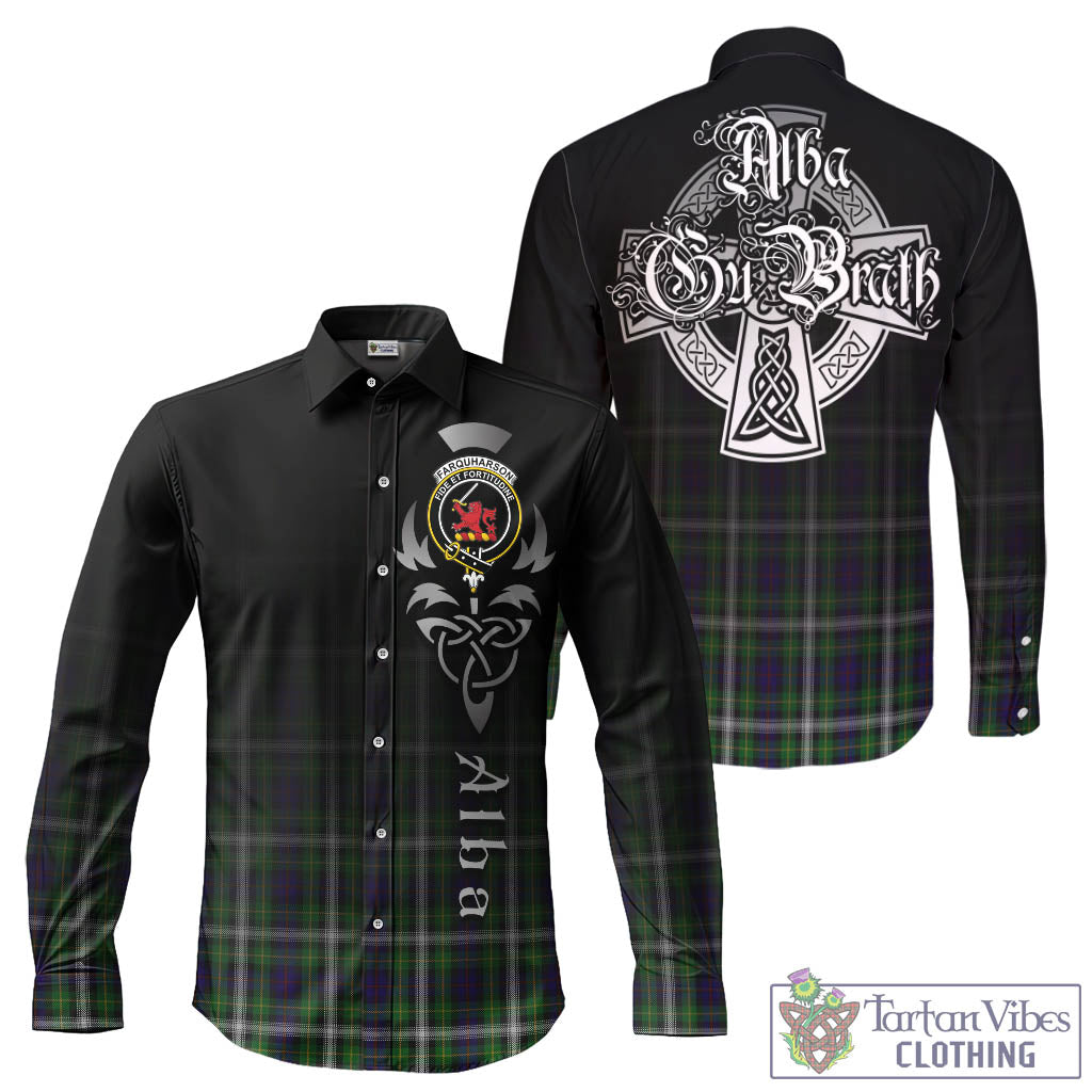 Tartan Vibes Clothing Farquharson Dress Tartan Long Sleeve Button Up Featuring Alba Gu Brath Family Crest Celtic Inspired