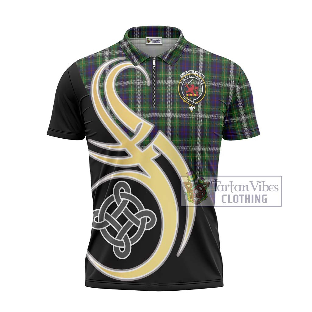 Tartan Vibes Clothing Farquharson Dress Tartan Zipper Polo Shirt with Family Crest and Celtic Symbol Style