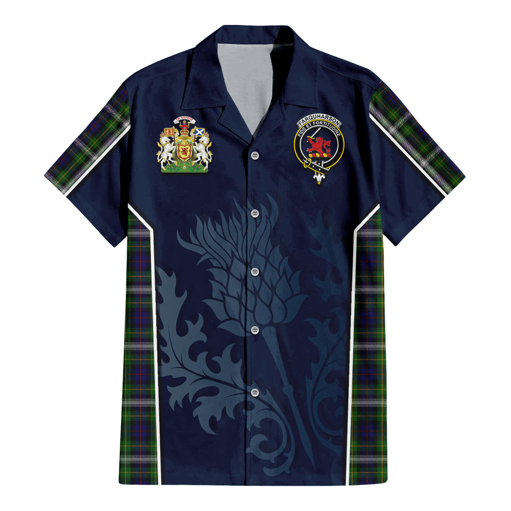 Tartan Vibes Clothing Farquharson Dress Tartan Short Sleeve Button Up Shirt with Family Crest and Scottish Thistle Vibes Sport Style