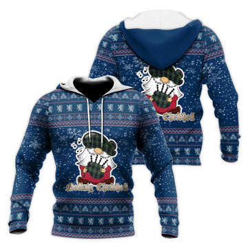 Farquharson Dress Clan Christmas Knitted Hoodie with Funny Gnome Playing Bagpipes
