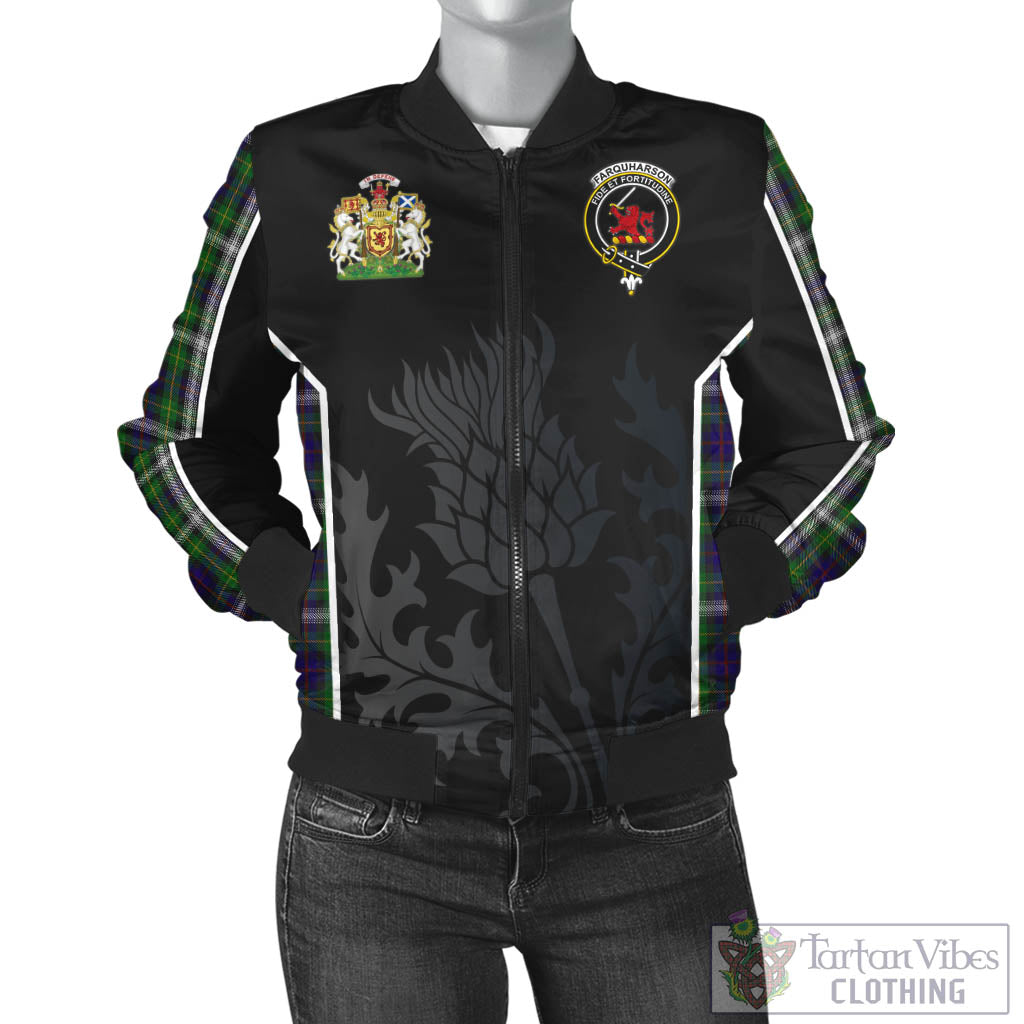 Tartan Vibes Clothing Farquharson Dress Tartan Bomber Jacket with Family Crest and Scottish Thistle Vibes Sport Style