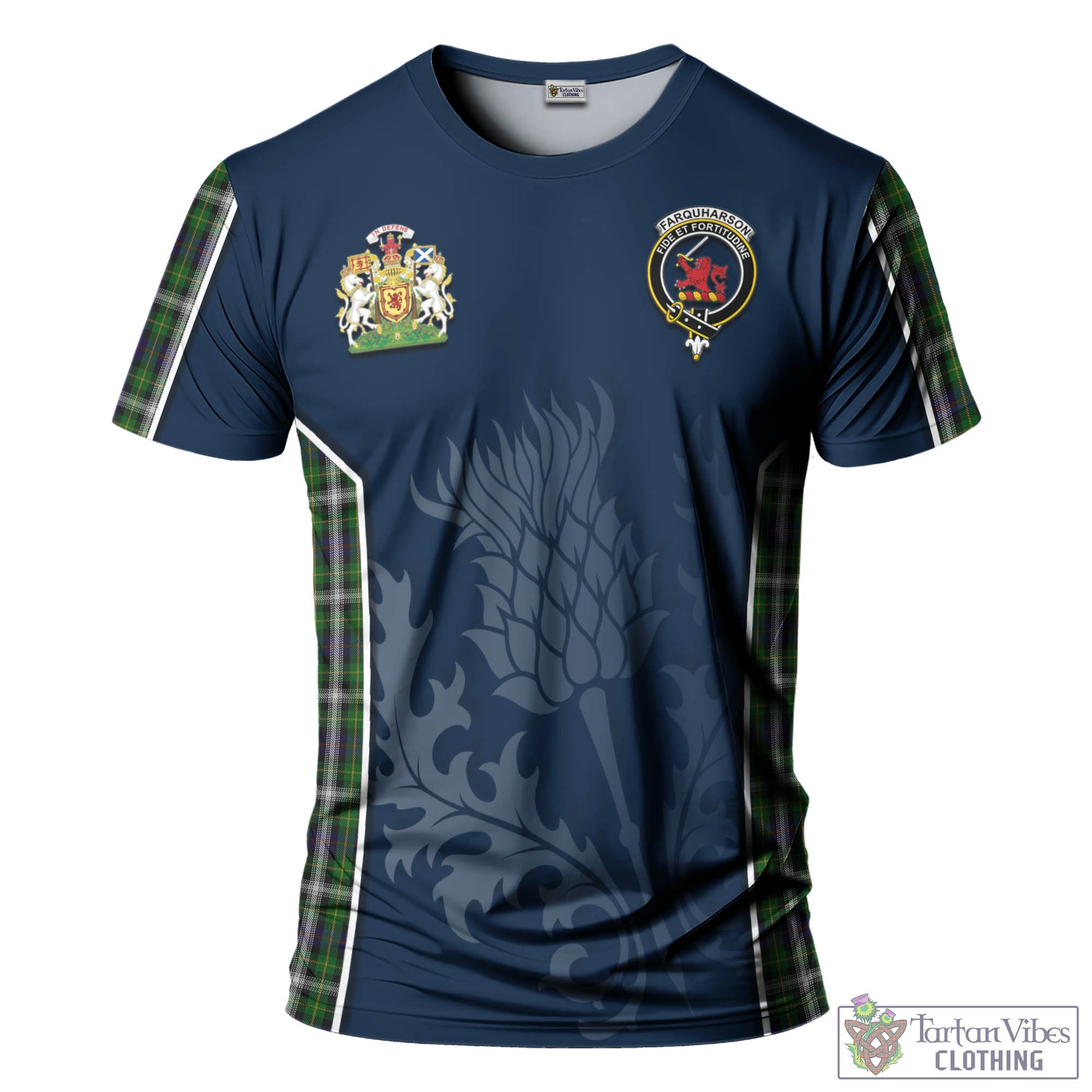 Tartan Vibes Clothing Farquharson Dress Tartan T-Shirt with Family Crest and Scottish Thistle Vibes Sport Style