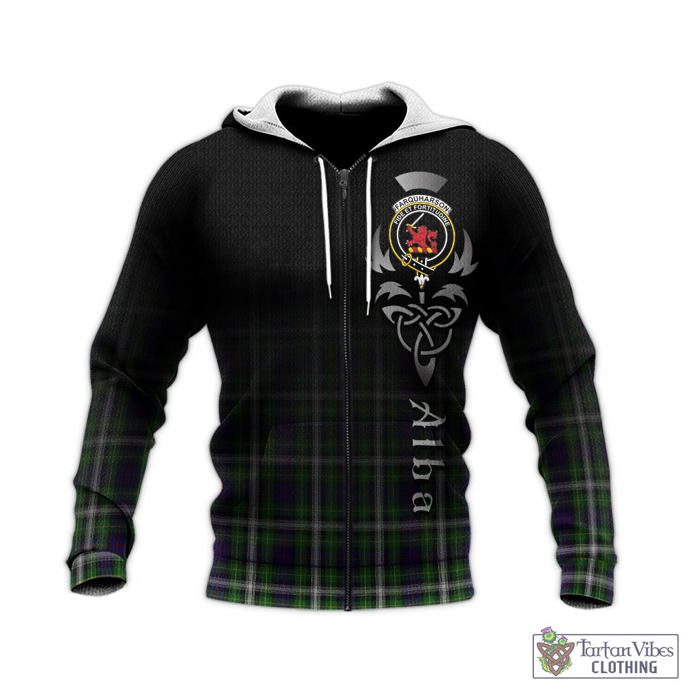 Tartan Vibes Clothing Farquharson Dress Tartan Knitted Hoodie Featuring Alba Gu Brath Family Crest Celtic Inspired