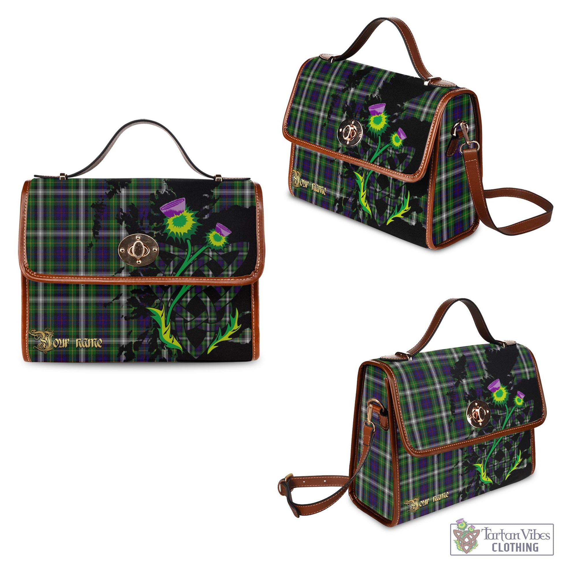 Tartan Vibes Clothing Farquharson Dress Tartan Waterproof Canvas Bag with Scotland Map and Thistle Celtic Accents