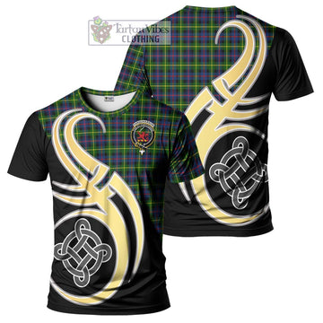 Farquharson Modern Tartan T-Shirt with Family Crest and Celtic Symbol Style