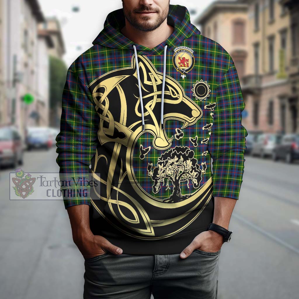 Tartan Vibes Clothing Farquharson Modern Tartan Hoodie with Family Crest Celtic Wolf Style